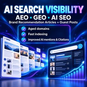 AI search visibility graphic showing ranked web pages, search results, and rising analytics arrows